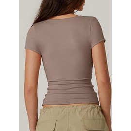 QINSEN Woman's Low Cut Neck Trendy Top Short Sleeve High Compression Crop Top Mushroom M