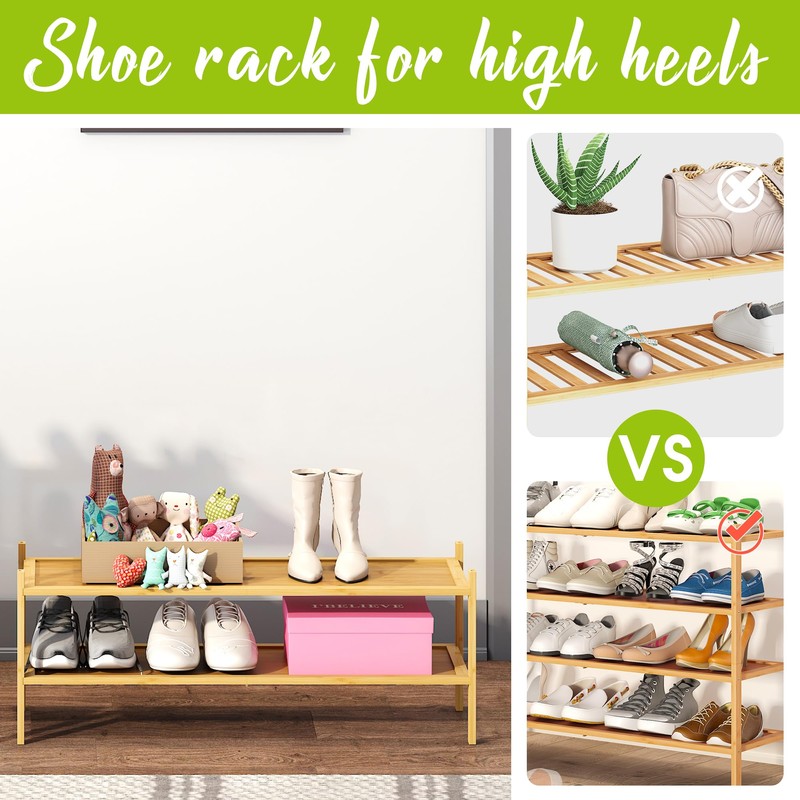 BMOSU 2-Tier Bamboo Extended Shoe Rack Premium Stackable Shoe Shelf