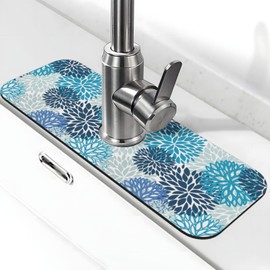 Medallion Dahlia Pinnata Floral Bobo Blue Pink Turquoise Grey Kitchen Sink Splash Guard Faucet Mat 1 Pcs, Absorbent Fast Drying Mat Gadgets Splash Guard For Bathroom 15 X 5.5 Inches