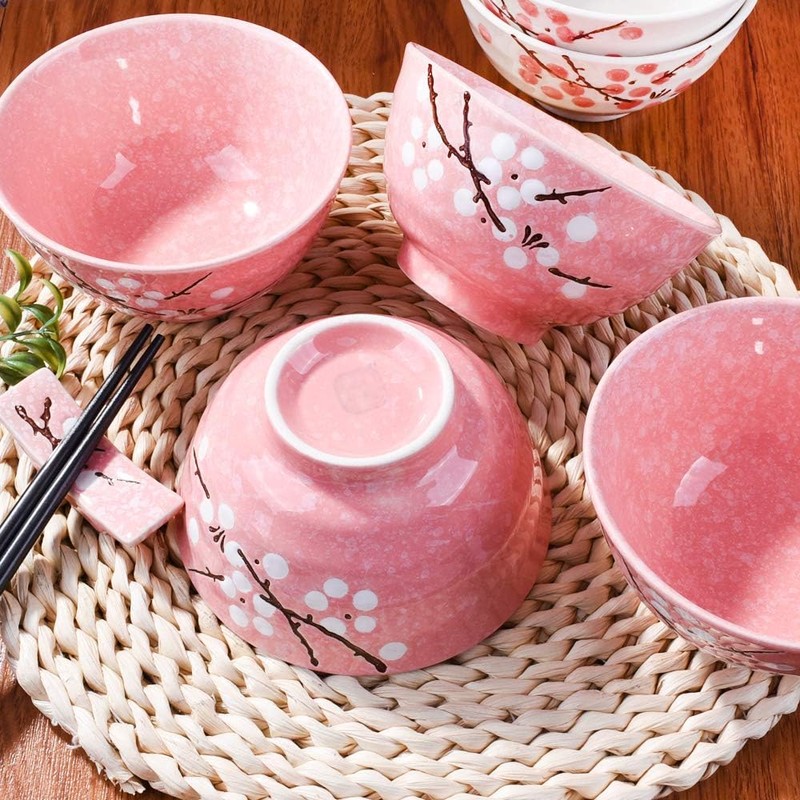 Fignner Japanese Style Ceramic Rice Bowls, Pink Cherry Blossom Design,