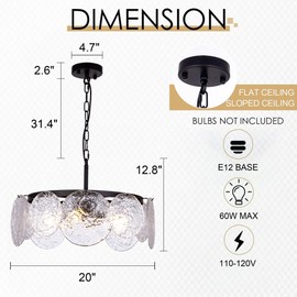 Wellmet Black Glass Chandelier for Dining Room, 4 Lights Modern Farmhouse Water Ripple Glass Light Fixture, Elegant Round Lighting for Kitchen,Living Room,Over Table,Bedroom,Entryway,Hallway, W-20in