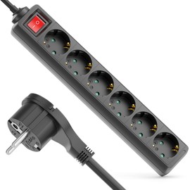 deleyCON 6 Fach Steckdosenleiste mit Flachstecker & EIN/AUS Schalter Mehrfachsteckdose Stromleiste für Innenbereich 1,4 m Kabel Flachkontakt-Stecker Robustes Kunststoffgehäuse Schwarz