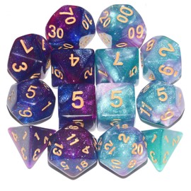 DND Dice 2 X 7Sets, 14Pieces Glitter Sparkle Cosmic Mixed Polyhedral DND Dice for RPG MTG Table Game Dice
