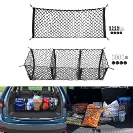 x xotic tech 2pcs Trunk Bed Cargo Net, Stretchable Double-Layer Style Net and 3 Pocket Organizer Mesh Storage Net Grocery Holder with Hooks,Universal for SUV,Vans, Pickup Trucks Accessories (51.1")