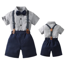 Sivrusn Children's Suit, Boys’ Formal Suit, Gentleman’s Clothing, 4-Piece Set, Suspenders Included, Kindergarten Entrance Ceremony, Kids' Costume, Short Sleeve Set, Wedding, Recital, Graduation