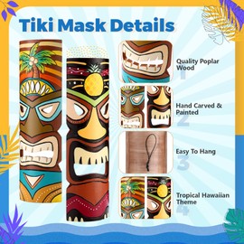 Seenelling Set of 2 Tiki Mask Wooden Wall Decor 15.75 In Hand Carved Tiki Totem Mask Luau Party Beach Bar Hanging Decorations(Pineapple, Coconut Trees)