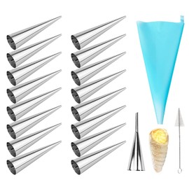 AMBESTAR Cream Horn Molds, 16 Pack 5 Inch Pastry Roll Molds with Piping Bags Reusable, Cleaning Brush, Long Cream Icing Piping Nozzle Baking Accessories Tool for Mum and Baker