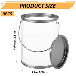 Acrux7 9 Pack Clear Plastic Empty Paint Cans with Metal Lids and Handle, 4 x 5 inch Small Paint Storage Bucket, Quart Size Paint Containers for DIY Crafts, Party Favors