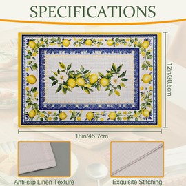 Lemon Branches Fabric Placemats,Vintage Rustic Country Table Placemats Set of 6 Cloth Place Mats, Washable Heat-Resistant Table Mats for Home Kitchen Dining Room Decoration 11.8x17.7 Inch