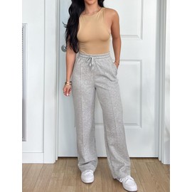 PINSPARK Wide Leg Track Pants Women High-Waisted Drawstring Casual Long Pants Loose Fitting Sweatpants with Pocket Light Gray L
