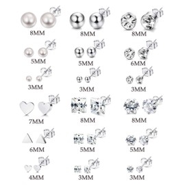 Milacolato 18 Pairs Stainless Steel Stud Earrings Set for Women Girls Round Clear CZ Stud, Stainless Steel