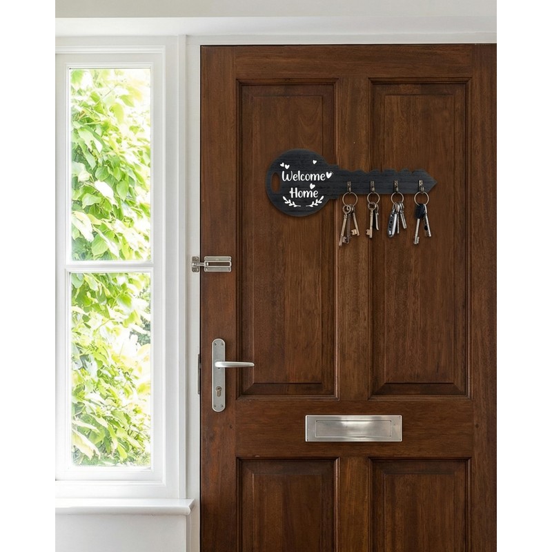 FujDun Wooden Key Holder Wall Mount with 4 Hooks, Black