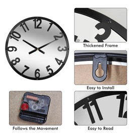 SCOAGE Oversized Vintage Mirror Metal Wall Clocks 24 Inches or Larger Battery Operated Modern Arabic Numerals Black Industrial Round Mantle Wall Clocks Wall Mounted Kitchen Living Room Fireplace Decor