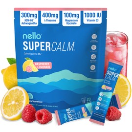 Nello Supercalm Powdered Drink Mix, Cortisol Reducer and Sleep Aid Supplement, L Theanine, Ksm-66 Ashwagandha, Magnesium Glycinate, Vitamin D 3, No Sugar, Non GMO, On The Go, 20 Ct, Raspberry Lemonade