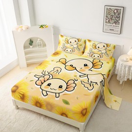 QOOMO Cute Axolotl Soft Microfiber Bed Sheets Cartoon Sunflower Super Soft Kids Bedding Set Kawaii Sheet Set for Kids Bedroom Decor Full Size 1 Fitted Sheet, 1 Flat Sheet, 2 Pillow Cases