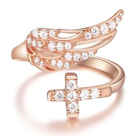 Dreamboat Sterling Silver Cross Rings for Women Angel Wing Ring Feather Ring Rose Gold Crucifix Ring Faith Ring Christian Jewelry Catholic Confirmation Religious Gifts for Mom