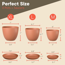 Planter Pots with Drainage Holes - Lightweight, Durable, and Space-Saving Pots for Indoor and Outdoor - Versatile Functionality, Simple Modern Design, Set of 3 Plastic Planter Pots - Terracotta
