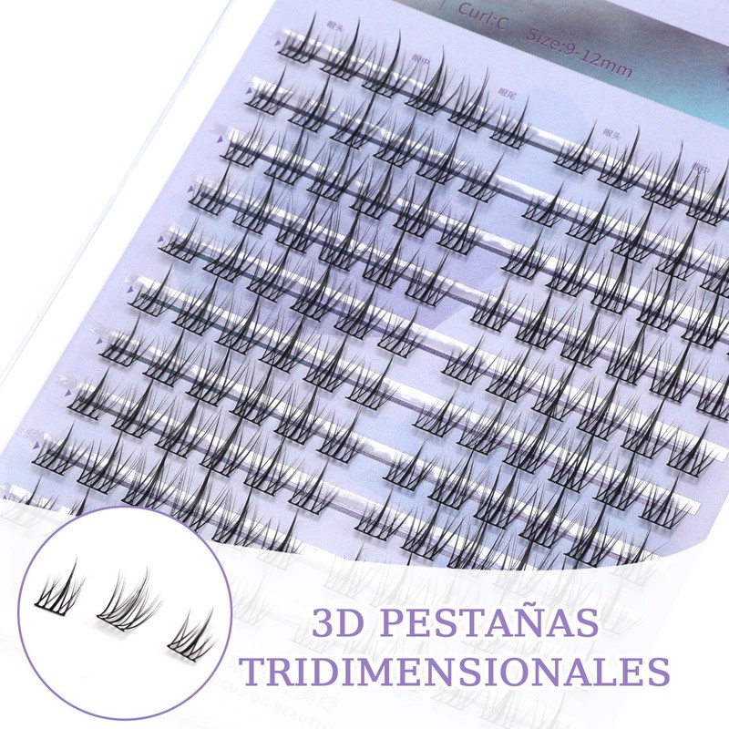 Extensiones de Pestañas Segmentadas 120 Racimos de Pestañas 9-12mm Rizo