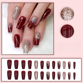 Medium Square Press on Nails Silver Ombre Cherry Fake Nails Wine Red Gradient Design Bling Gold Glitter Shiny Glossy False Nails Artificial Nails Stick on Nails for Women Girls Acrylic Nail Decoration