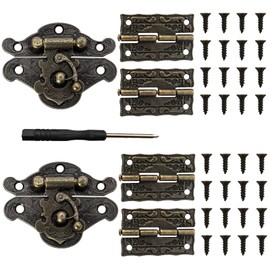 2 Piece Set Antique Embossing Latch Lock with Screwdriver, Retro Style Padlock Lock Key Latch Clasp Set Box Lock, Box Hinges and Latches with 28 Screws for Jewellery Wooden Boxes Decoration-47x35mm