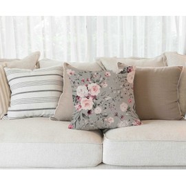 Floral Farmhouse Decor Family Decoration Gray and Pink Flowers Cotton Linen Home Decorative Throw Pillow Case Cushion Cover for Sofa Couch, 18 x 18 in