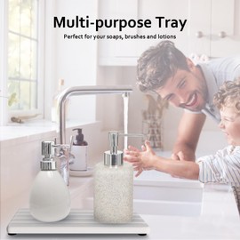 2 PCS Water Absorbing Stone Trays for Bathroom Sink & Kitchen Counter, Fast-Drying Diatomite Sink Caddy, Vanity Tray, Hand Soap Holder with Anti-Skid Pads (White, 8.7" x 4"/22 x 10cm)