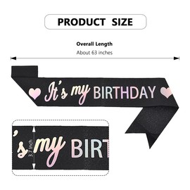 Vuzvuv It's My Birthday Birthday Sash, Birthday Sash for Women, Girls,Men, Glitter Birthday Sash with Foil Letters for Birthday Party,Decor- Iridescent Black