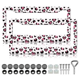 HCSS 2PCS Pink Leopard Print License Plate Frames, Cheetah Heart Print Aluminum Metal License Plate Holder Covers, Rust-Proof Waterproof Car Decorative Tag Frames for Standard US 12x6 Inch