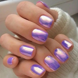 GLAMERMAID Press on Nails Extra Short Squoval, Spring Summer Handmade Purple Chrome Gel Glue on Nails, 24Pcs Glossy Round Reusable UV Finish Fake Nails Acrylic False Nails Manicure Kits for Women