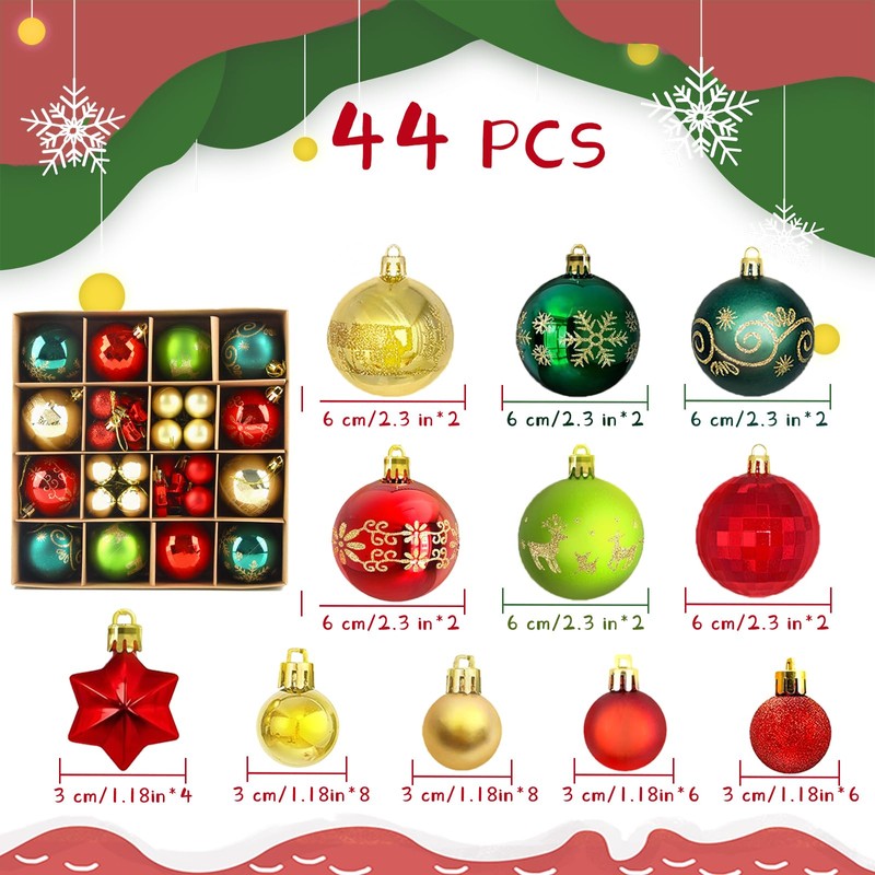 44-Piece Christmas Baubles Set, shallyong Christmas Tree Baubles, Plastic Christmas