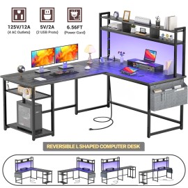 Homieasy L-Shaped Computer Desk with Storage Shelves  Outlets, Gaming Desk, Office Desk - Rustic Brown