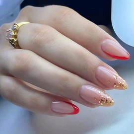 24 Pcs Medium Press on Nails Almond Sun Red French Tip Nails Acrylic False Nails with Design Gold Leaf Fragments Glossy Fake Nails Reusable Stick on Nails for Women and Girls