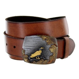 Made in Italy Steampunk Songbird Buckle Men's Casual Jean Belt with One-Piece Cowhide Leather Strap (32 Tan)