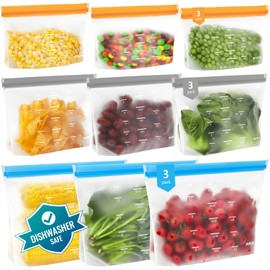 Dishwasher Safe Reusable Storage Bags Stand Up - BPA Free Reusable Sandwich Bags - Leakproof Gallon Freezer Bags, Silicone Food Storage Bags - Multicolor 3 Gallon + 3 Sandwich + 3 Snack Bags