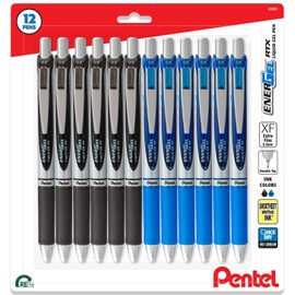 Pentel Energel Rtx Retractable Liquid Gel Pen - 0.3 mm Extra Fine Point Pens - Needle Tip Pens - 12 Pack (6 Black Ink with 6 Blue Ink Deluxe Pens)