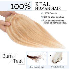 SEGOHAIR Hair Toppers for Women Real Human Hair With Bangs 7 * 13 CM Silk Base Clip In Wiglet Top Pieces-18 Inch Ash Blonde&Bleach Blonde