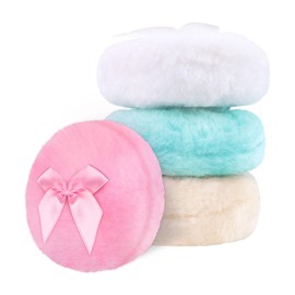 Fatiya 4 Pieces Large Round Fluffy Powder Puff, 3.54'' Ultra Soft Velour Body Powder Puff, Washable Reusable Face Powder Puff with Ribbon Bow for Makeup Setting Loose Powder