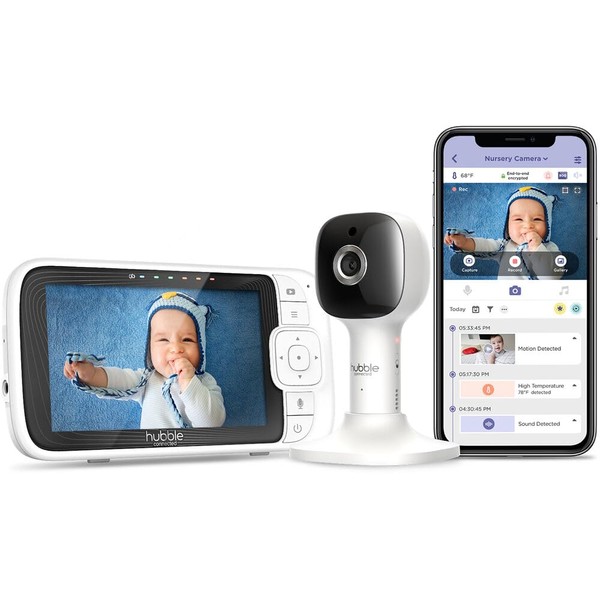 Hubble Connected Nursery Pal Cloud Smart Connected, Wi-Fi Enabled Baby Monitor with 5-Inch HD Color Parent Unit Viewer, Soothing Sounds and White Noise, 7-Color Night Light, Wall Mount, White