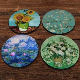 CARIBOU Coasters - Sunflowers Blue, Almond Blossom, Vase With Pink Roses By Vincent Van Gogh, Claude Monet Water Lilies Design Absorbent ROUND Fabric Felt Neoprene Coasters for Drinks, 4pcs Set