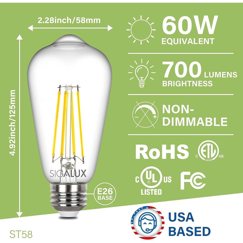 Sigalux Edison Bulbs, E26 LED Bulb ST58 Filament Clear Non-Dimmable