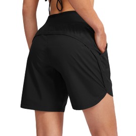 G Gradual Women's 7" Quick Dry Swim Board Shorts Swimming Bottoms High Waisted Beach Shorts for Women with Liner Pockets(Black,M)