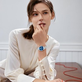 OLEVS Silver Watches For Women Fashoin Blue Dial Womens Watches Day Date Women Dress Watches Sliver Stainless Steel Ladies Watches Water Resistant Watches For Ladies Women Quartz Watches Relojes Para Mujer