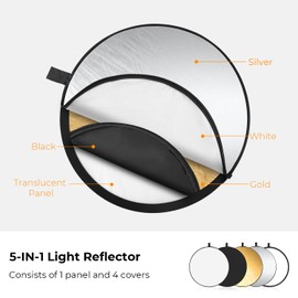K&F CONCEPT 5-in-1 Light Reflector 43"(110cm) Photography Diffuser Collapsible Portable for Studio and Outdoor Lighting Gold Silver White Black Translucent