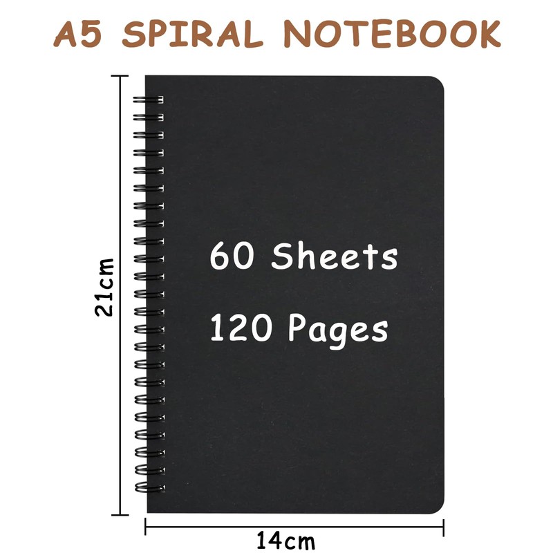 Hikrxya 4 Pack Notebook Lined A5 Spiral Notepad, Black Kraft