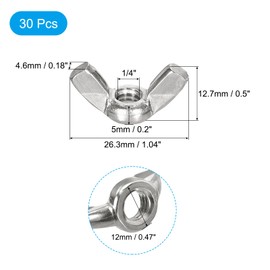 sourcing map 1/4"-20 Wing Nut 30 Pcs, 304 Stainless Steel Butterfly Wing Nuts Fasteners Parts Hand Twist Tighten Wing Nuts for Machinery Electronic Equipment DIY, Silver
