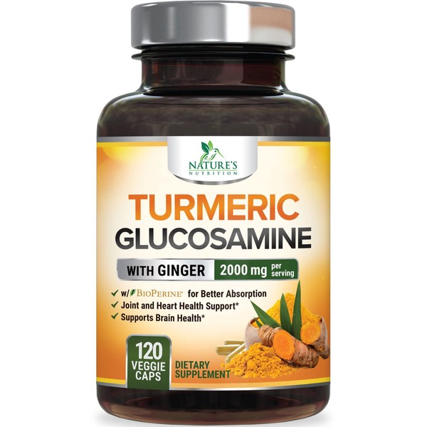 Turmeric Curcumin with BioPerine, Ginger & Glucosamine 95% Curcuminoids 2000mg - Black Pepper for Max Absorption, Joint Support, Nature's Tumeric Extract Supplement, Non-GMO - 120 Capsules