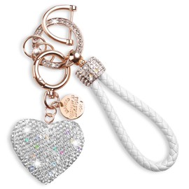 Leery Crystal Heart Keychain for Women Mom Gift Key Chain with Wrist Strap Gold-Plated Alloy Car Keys Backpack Accessories (White)