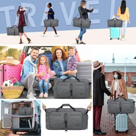 Fmeida 65L Travel Duffle Bag, Foldable Weekender Bag with Shoe Compartment, 24" Sac de Voyage, Waterproof Gym Bags for Men Women, Large Overnight Duffel Bag, Tear-Resistant Sac de Sport Homme (Grey)