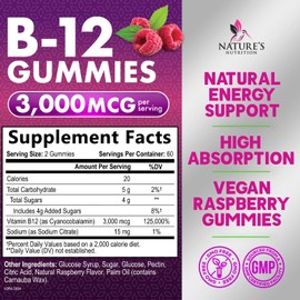 B12 Vitamins Energy Gummies 3000 mcg - Extra Strength B 12 Gummy for Metabolism & Immune System Support - Chewable Dietary B12 Supplements for Adults & Kids Caffeine Free Gummy Vitamin - 120 Gummies