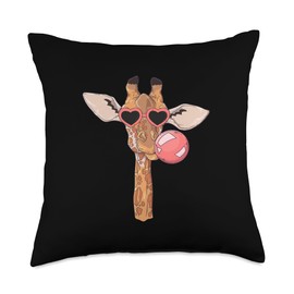 Giraffe With Glasses & A Pink Bubble Gum Africa Cute Giraffe with Glasses and A Pink Bubble Gum Africa Throw Pillow, 18x18, Multicolor